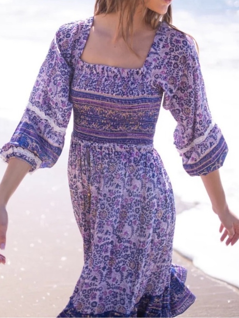 Bell by Alicia Bell Millie Hand Block Purple Gold Blue Silk Cotton Midi Dress XS